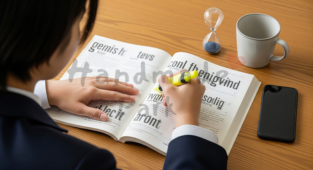 フリー素材 無料 写真｜英単語帳に蛍光ペンでマーキングする日本人高校生の英語学習シーン コピースペースあり