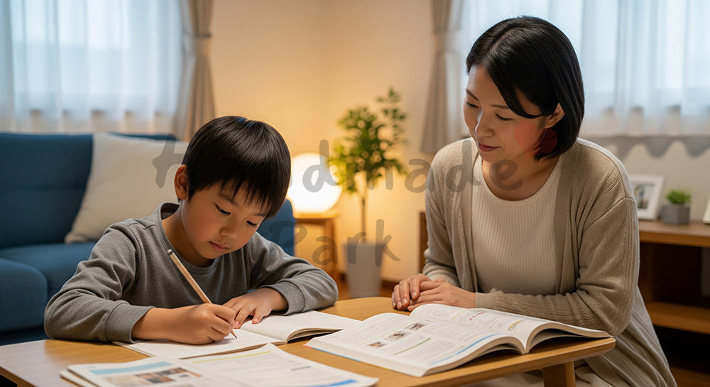 フリー素材 無料 写真｜リビングで宿題をする子どもを見守る日本人母親の家庭学習シーン 余白あり