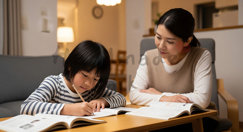 フリー素材 無料 写真｜リビングで宿題をする子どもを見守る日本人母親の家庭学習シーン 写真背景