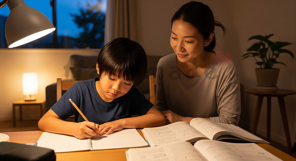 フリー素材 無料 写真｜リビングで宿題をする子どもを見守る日本人母親の家庭学習シーン 背景素材