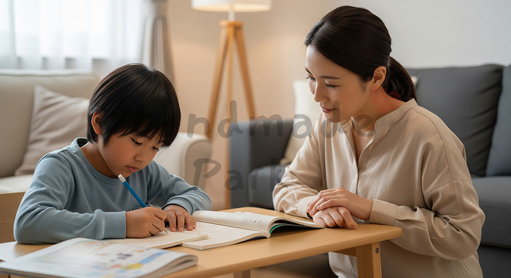 フリー素材 無料 写真｜リビングで宿題をする子どもを見守る日本人母親の家庭学習シーン