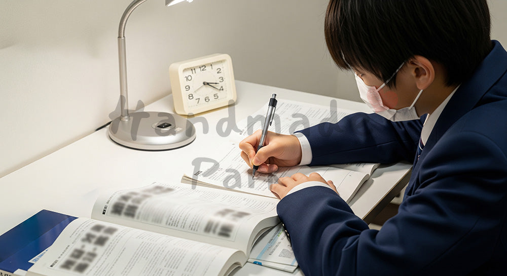 フリー素材 無料 写真｜自室のデスクで受験勉強に集中する日本人中学生の学習シーン 写真背景