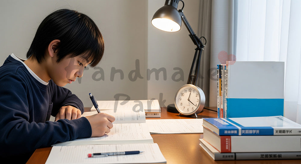 フリー素材 無料 写真｜自室のデスクで受験勉強に集中する日本人中学生の学習シーン 背景素材