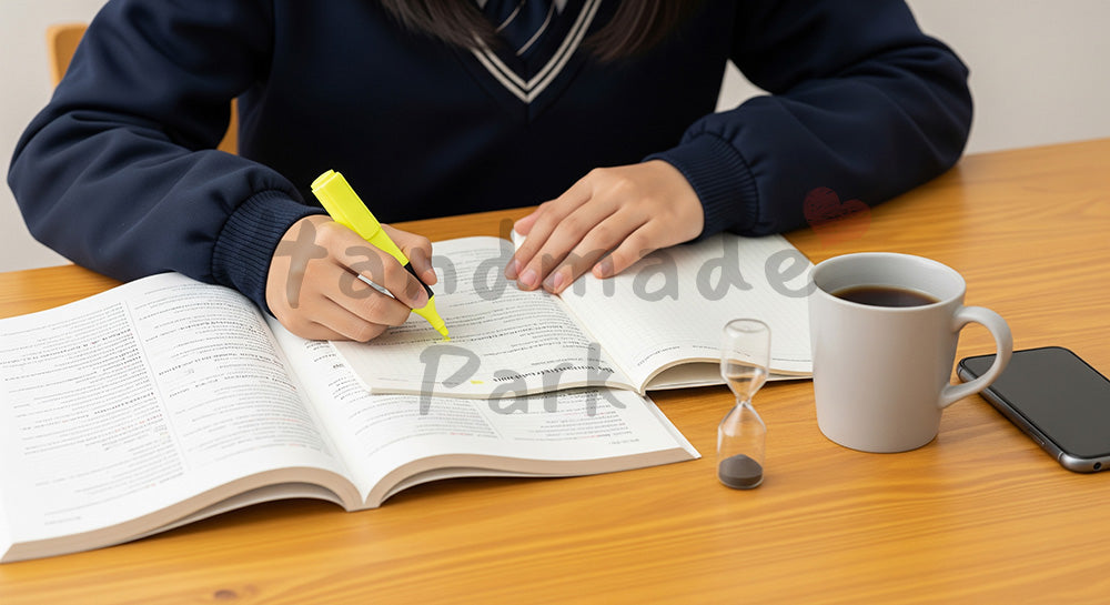 フリー素材 無料 写真｜英単語帳に蛍光ペンでマーキングする日本人高校生の英語学習シーン 背景素材