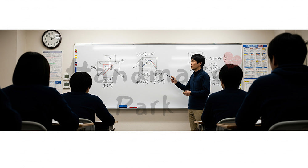 フリー素材 無料 写真｜ホワイトボードを使って授業をする日本人予備校講師と生徒の教室シーン