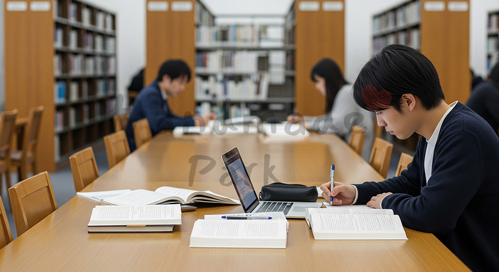 フリー素材 無料 写真｜大学図書館でノートPCと書籍を使いレポートを書く日本人大学生 余白あり