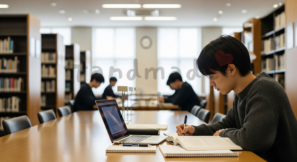 フリー素材 無料 写真｜大学図書館でノートPCと書籍を使いレポートを書く日本人大学生 写真背景