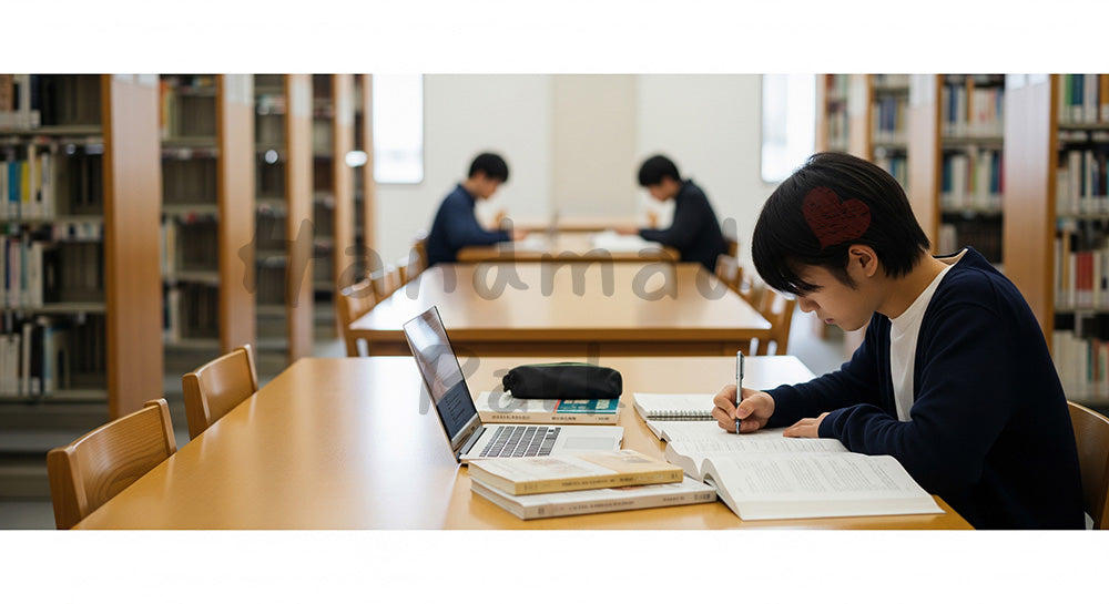 フリー素材 無料 写真｜大学図書館でノートPCと書籍を使いレポートを書く日本人大学生 背景素材
