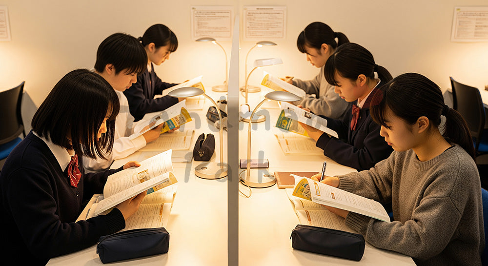 フリー素材 無料 写真｜仕切り付き自習室で黙々と勉強する日本人高校生たちの学習風景 余白あり
