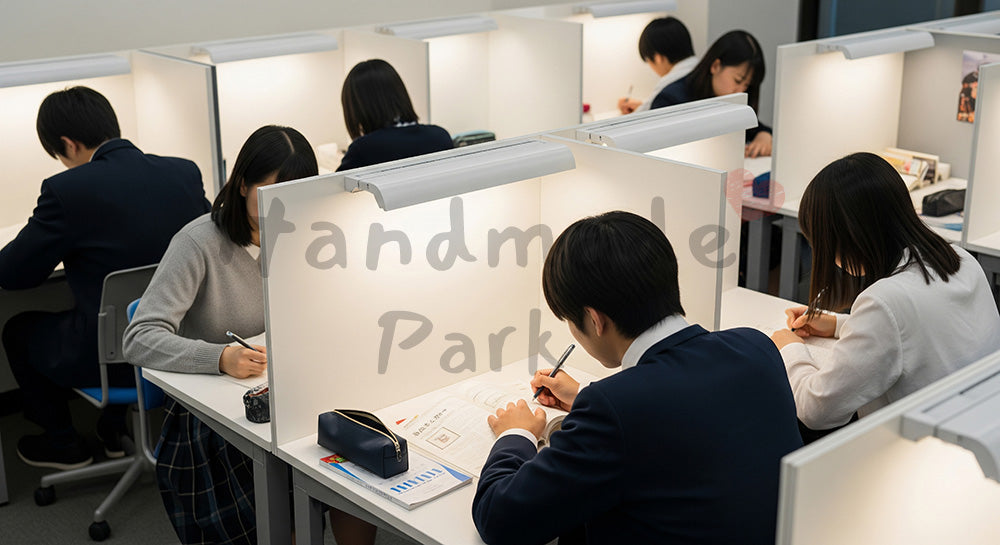 フリー素材 無料 写真｜仕切り付き自習室で黙々と勉強する日本人高校生たちの学習風景 背景素材
