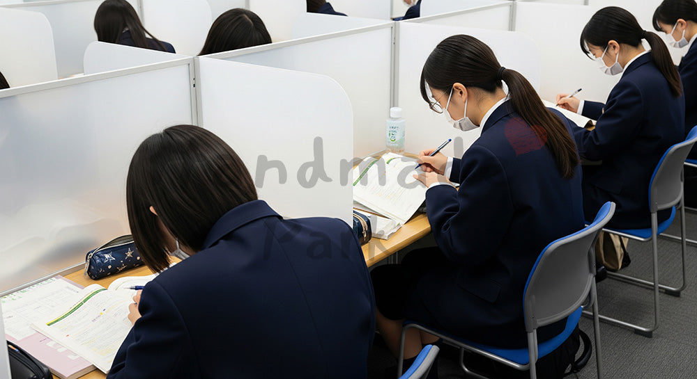 フリー素材 無料 写真｜仕切り付き自習室で黙々と勉強する日本人高校生たちの学習風景