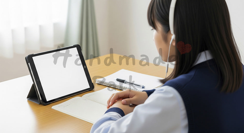 フリー素材 無料 写真｜タブレットでオンライン授業を受ける日本人中高生の自宅学習シーン（表現3）