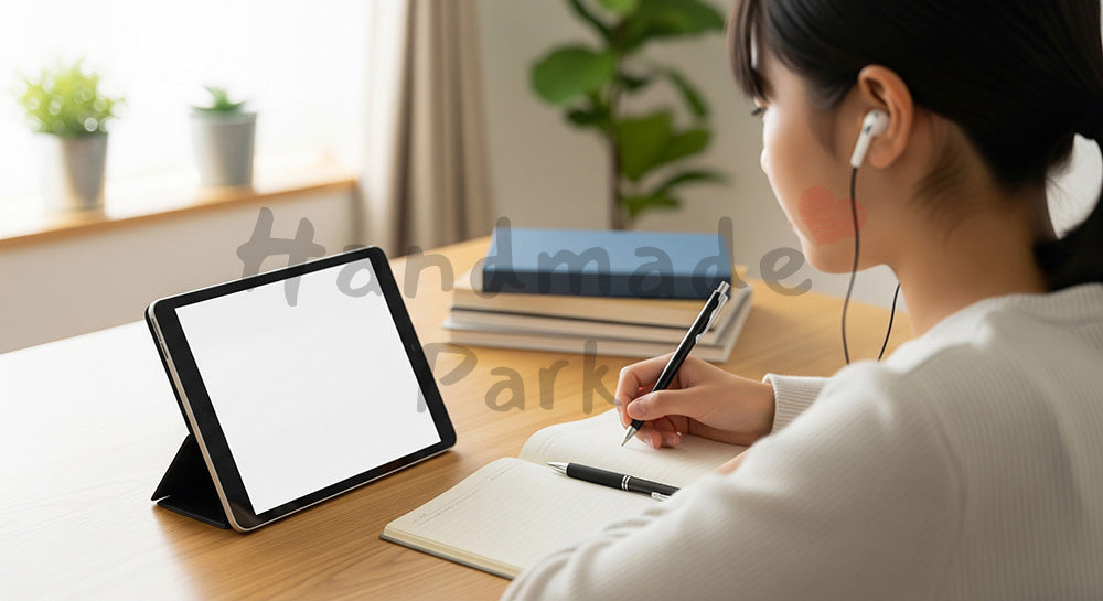 フリー素材 無料 写真｜タブレットでオンライン授業を受ける日本人中高生の自宅学習シーン（表現2）