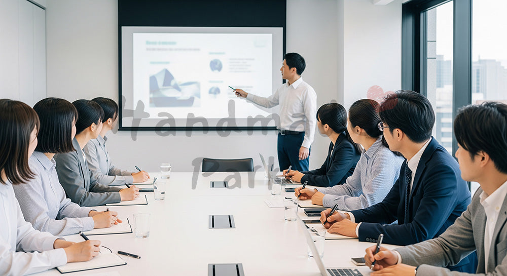 フリー素材 無料 写真｜スクリーンを使った社内研修を受ける日本人ビジネスパーソンの学習シーン（表現7）