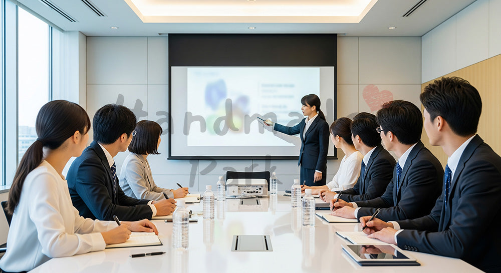 フリー素材 無料 写真｜スクリーンを使った社内研修を受ける日本人ビジネスパーソンの学習シーン（表現6）