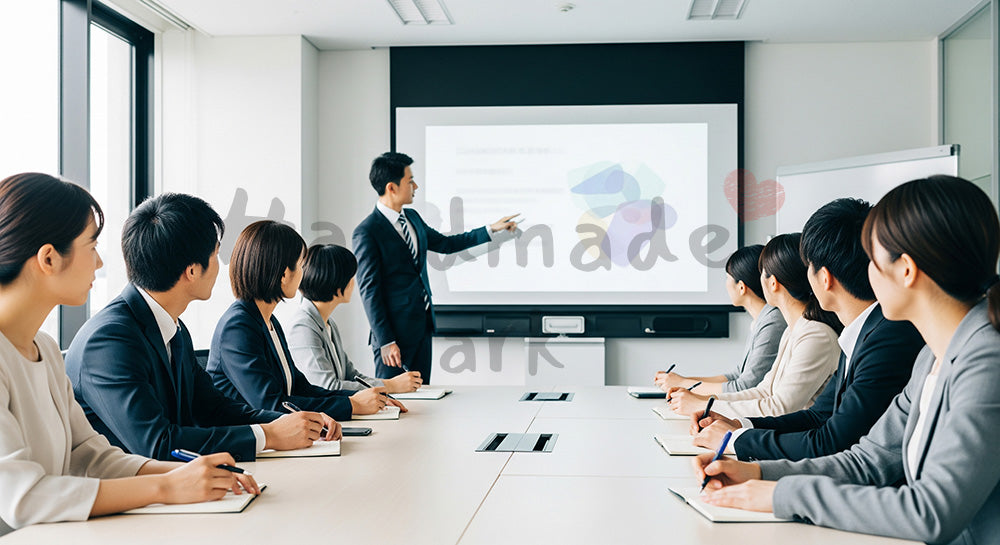 フリー素材 無料 写真｜スクリーンを使った社内研修を受ける日本人ビジネスパーソンの学習シーン（表現3）