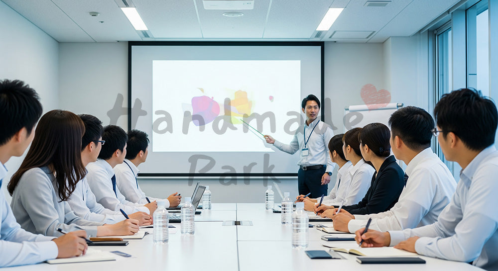 フリー素材 無料 写真｜スクリーンを使った社内研修を受ける日本人ビジネスパーソンの学習シーン（表現2）