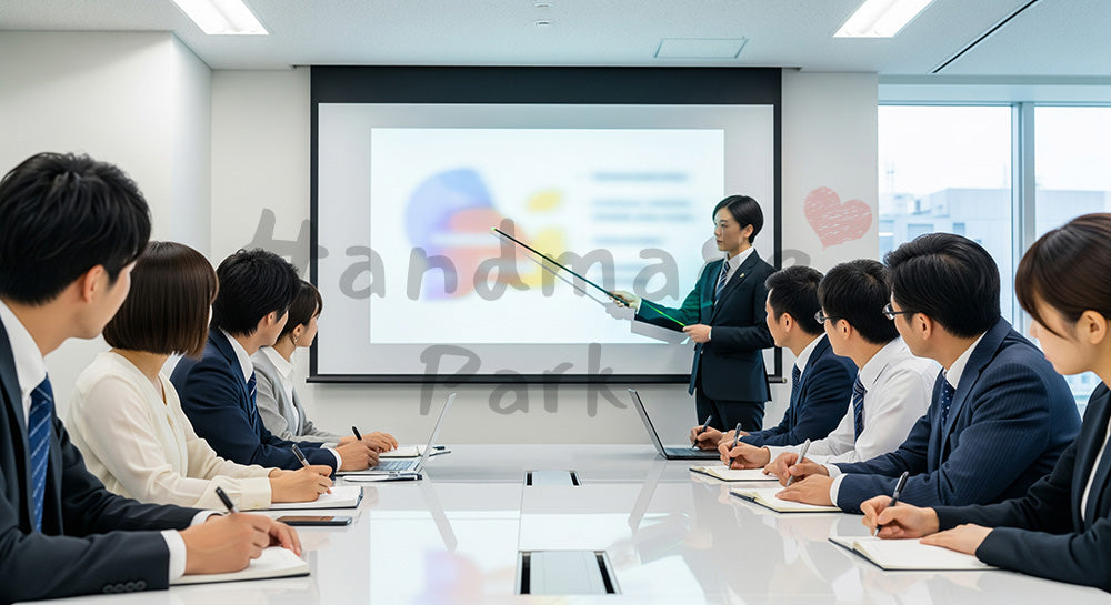 フリー素材 無料 写真｜スクリーンを使った社内研修を受ける日本人ビジネスパーソンの学習シーン（表現1）