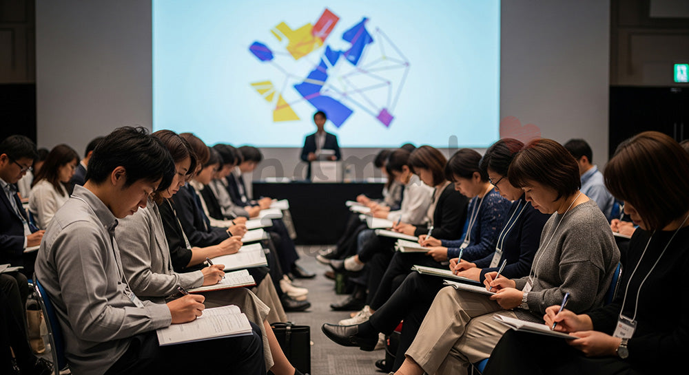 フリー素材 無料 写真|セミナーで講演を聞きながらメモを取る日本人参加者の学びのシーン(表現3)