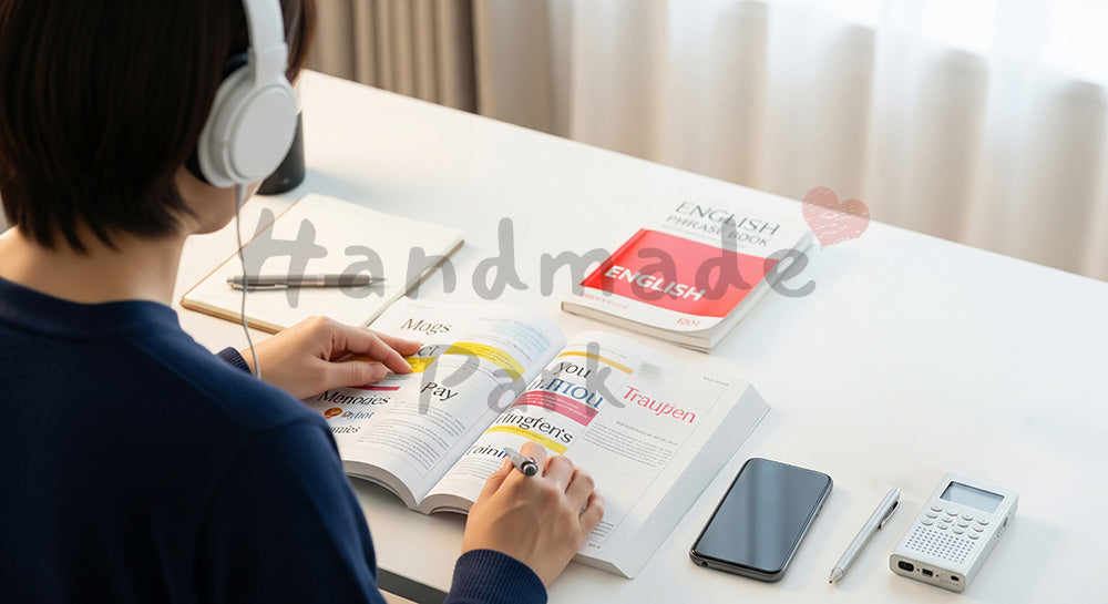 フリー素材 無料 写真｜ヘッドホンで英語音声を聞きながらテキストで勉強する日本人学習者 コピースペースあり