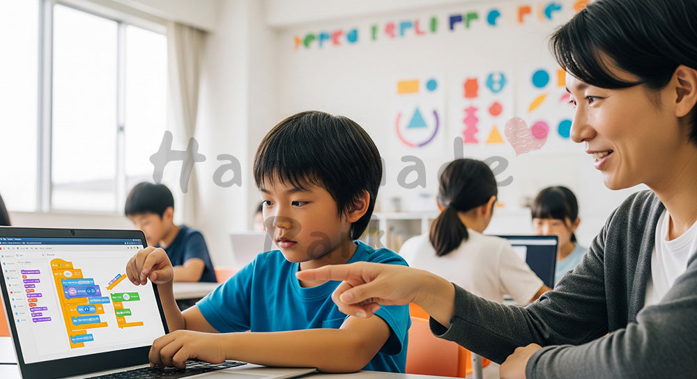 フリー素材 無料 写真｜子ども向けプログラミング教室でPC画面を操作する日本人小学生と講師（表現3）