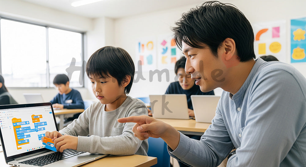フリー素材 無料 写真｜子ども向けプログラミング教室でPC画面を操作する日本人小学生と講師（表現2）