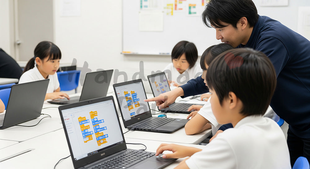 フリー素材 無料 写真｜子ども向けプログラミング教室でPC画面を操作する日本人小学生と講師（表現1）