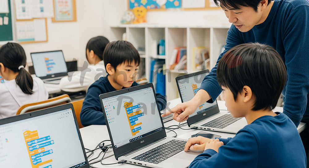 フリー素材 無料 写真｜子ども向けプログラミング教室でPC画面を操作する日本人小学生と講師 コピースペースあり