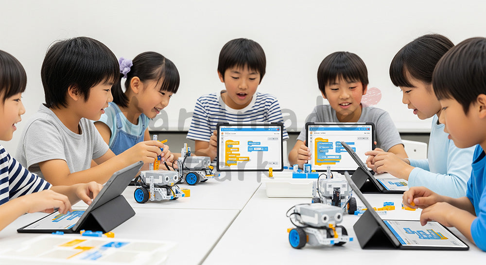 フリー素材 無料 写真｜ロボットとタブレットを使って学ぶ日本人の子どもたちのSTEM教育シーン（表現3）