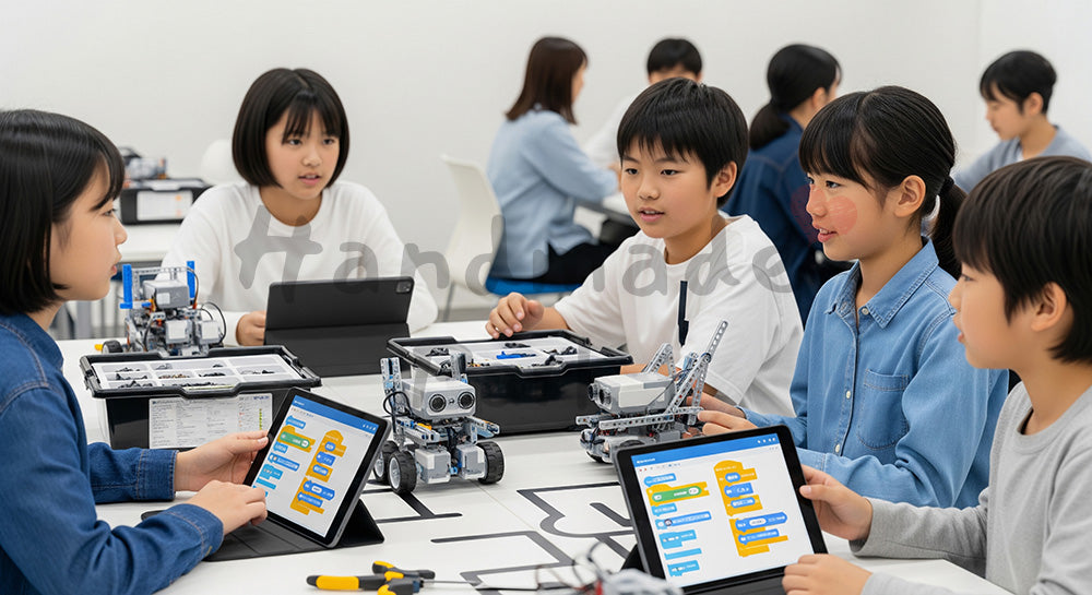 フリー素材 無料 写真｜ロボットとタブレットを使って学ぶ日本人の子どもたちのSTEM教育シーン（表現2）