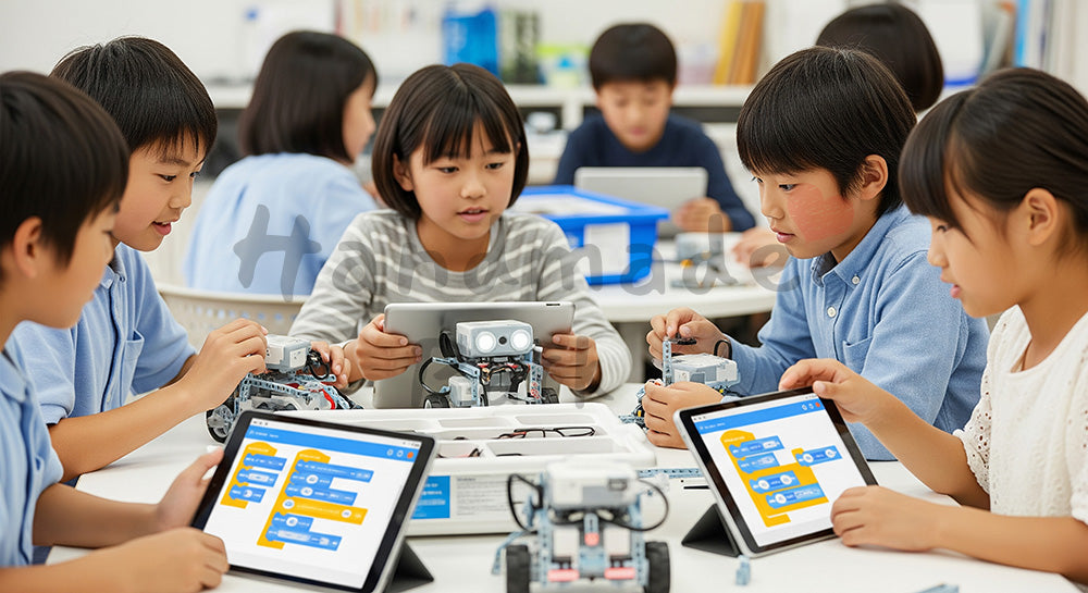 フリー素材 無料 写真｜ロボットとタブレットを使って学ぶ日本人の子どもたちのSTEM教育シーン コピースペースあり