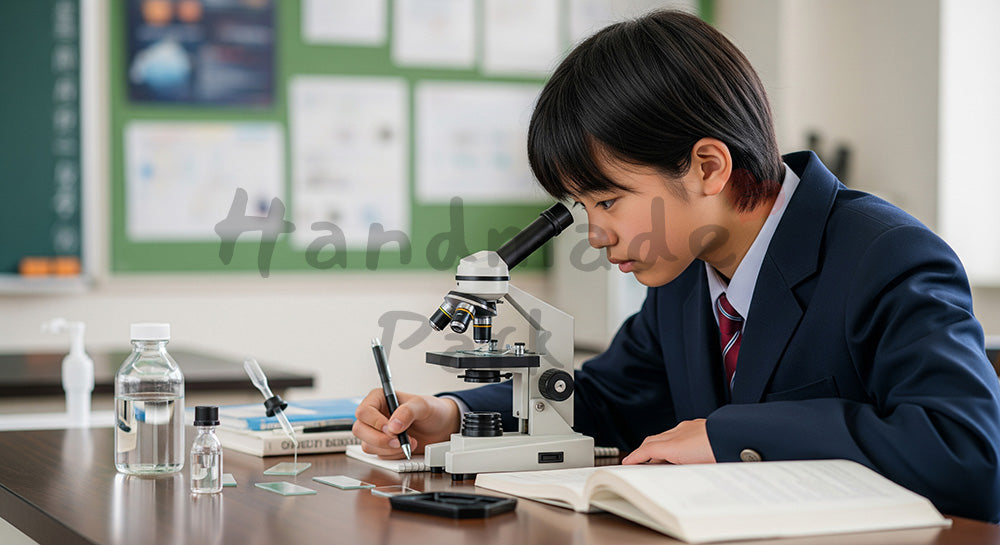 フリー素材 無料 写真｜理科室で顕微鏡観察を行う日本人中学生の理科実験シーン（表現3）