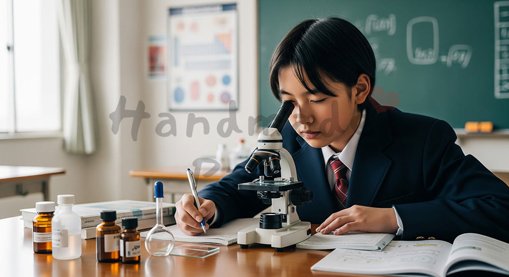 フリー素材 無料 写真｜理科室で顕微鏡観察を行う日本人中学生の理科実験シーン（表現2）