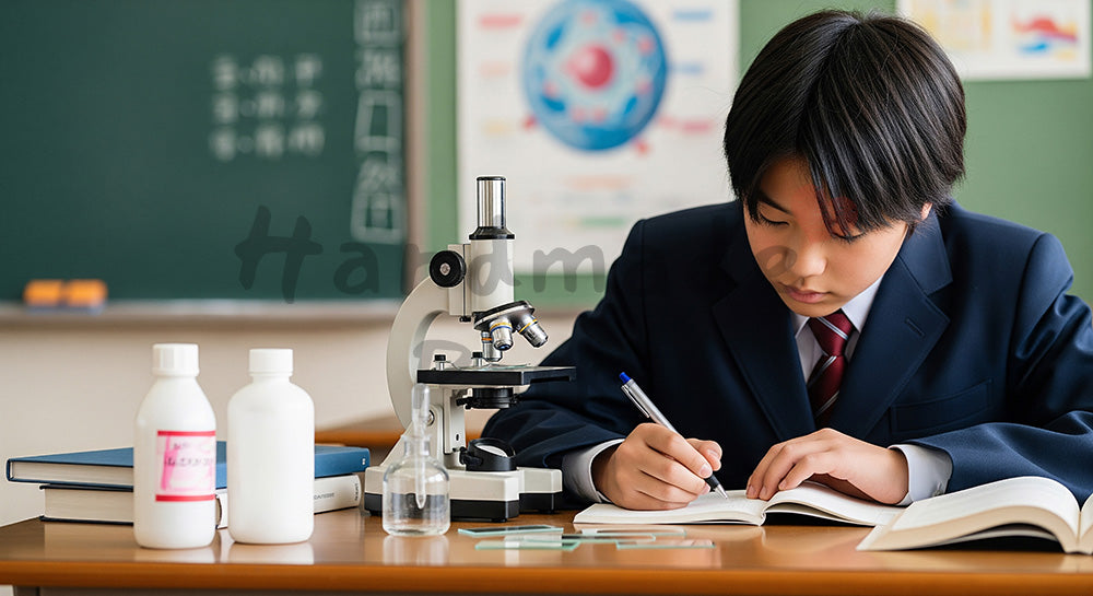 フリー素材 無料 写真｜理科室で顕微鏡観察を行う日本人中学生の理科実験シーン（表現1）