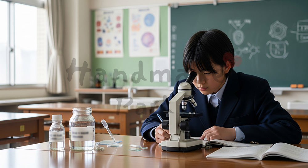 フリー素材 無料 写真｜理科室で顕微鏡観察を行う日本人中学生の理科実験シーン コピースペースあり