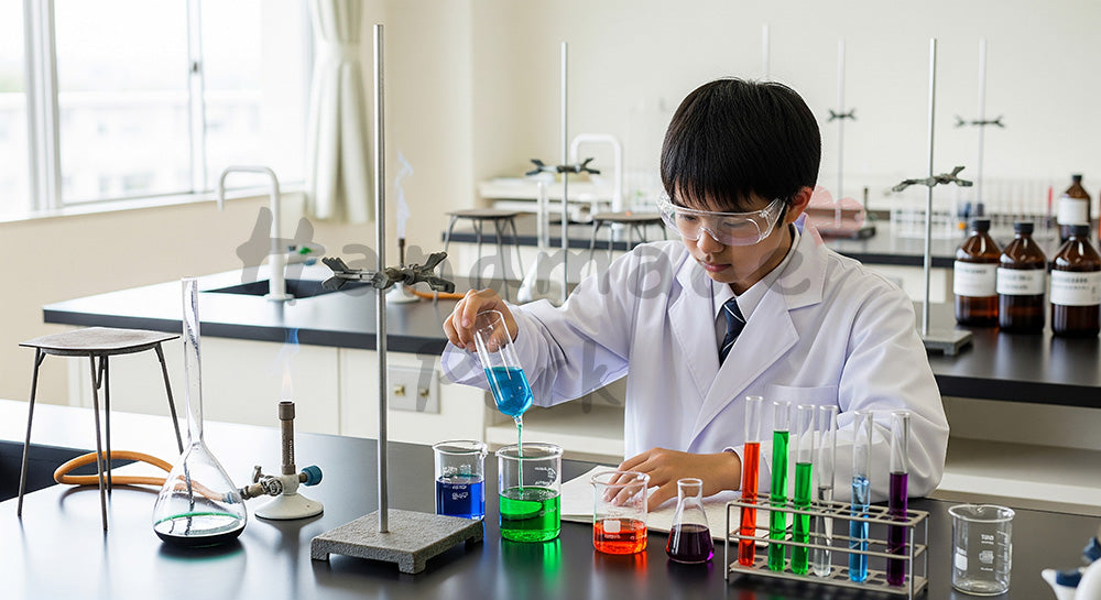 フリー素材 無料 写真｜白衣と安全メガネで化学実験に取り組む日本人高校生の学習シーン（表現2）