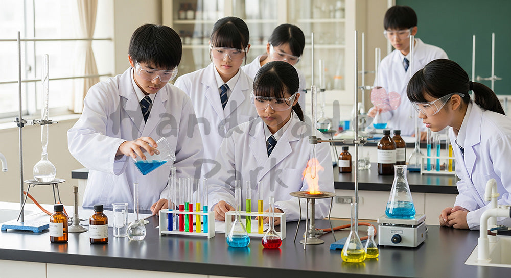 フリー素材 無料 写真｜白衣と安全メガネで化学実験に取り組む日本人高校生の学習シーン（表現1）