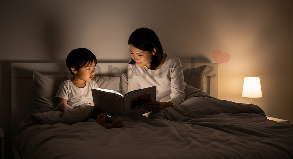 フリー素材 無料 写真｜寝室で絵本の読み聞かせをする日本人母親と子どものナイトタイム学習（表現3）