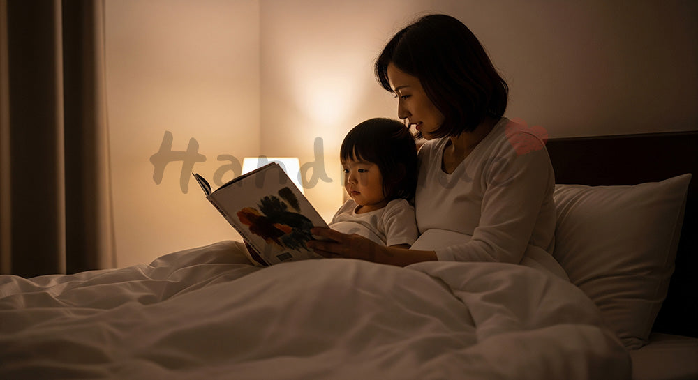 フリー素材 無料 写真｜寝室で絵本の読み聞かせをする日本人母親と子どものナイトタイム学習（表現2）