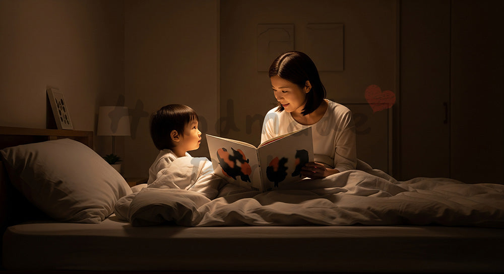 フリー素材 無料 写真｜寝室で絵本の読み聞かせをする日本人母親と子どものナイトタイム学習（表現1）