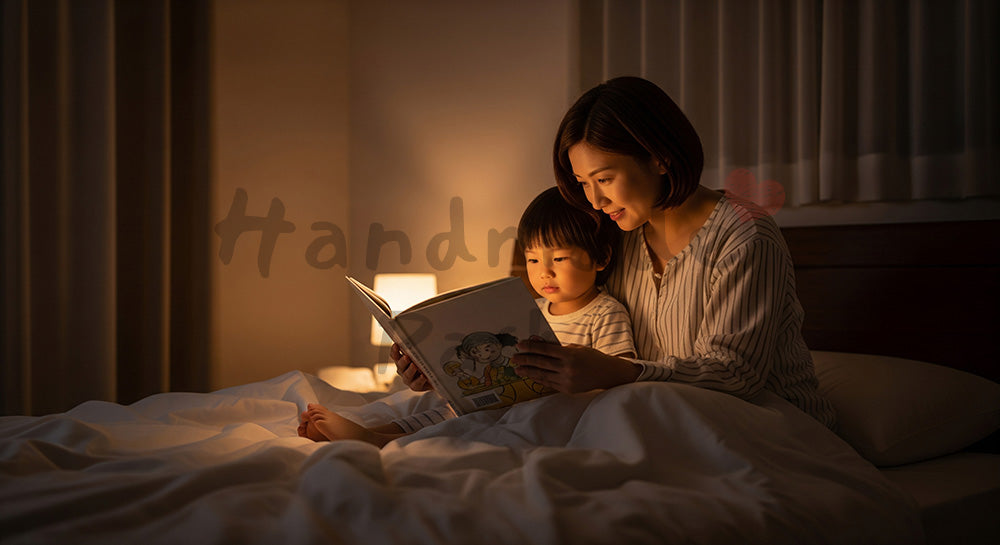 フリー素材 無料 写真｜寝室で絵本の読み聞かせをする日本人母親と子どものナイトタイム学習 コピースペースあり