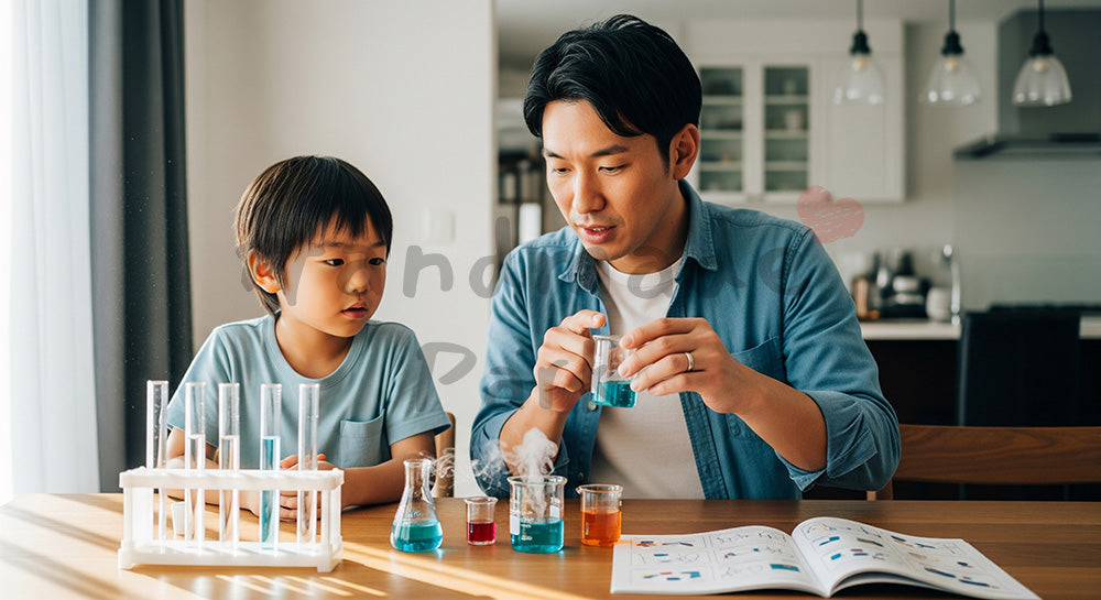 フリー素材 無料 写真｜ダイニングで理科実験キットに挑戦する日本人親子のホームサイエンス学習（表現1）
