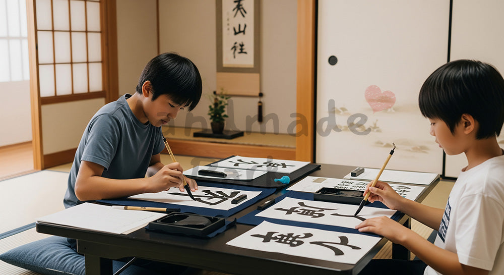 フリー素材 無料 写真｜和室で半紙に向かい書道の宿題をする日本人小中学生の学習シーン（表現2）