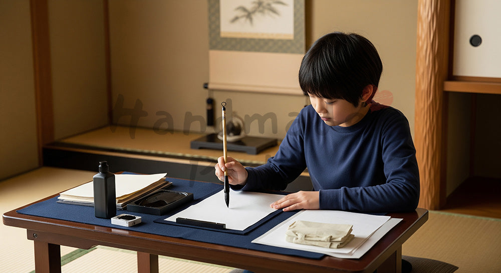 フリー素材 無料 写真｜和室で半紙に向かい書道の宿題をする日本人小中学生の学習シーン コピースペースあり