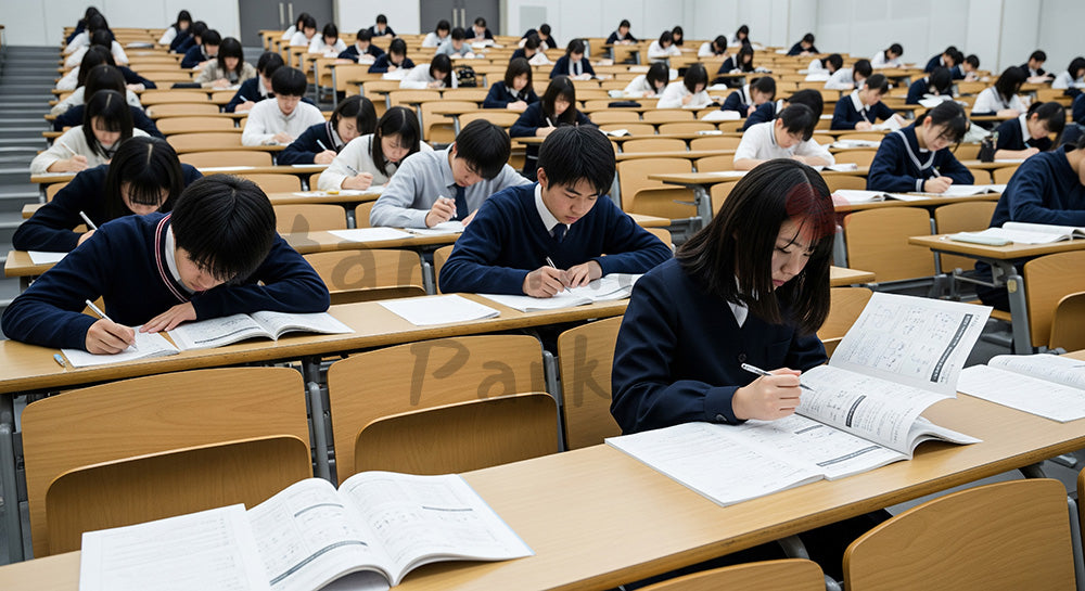 フリー素材 無料 写真｜大きな試験会場で一斉に試験を受ける日本人受験生のテストシーン（表現3）