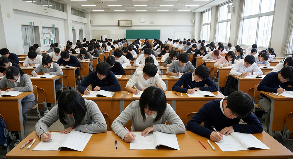 フリー素材 無料 写真｜大きな試験会場で一斉に試験を受ける日本人受験生のテストシーン（表現2）