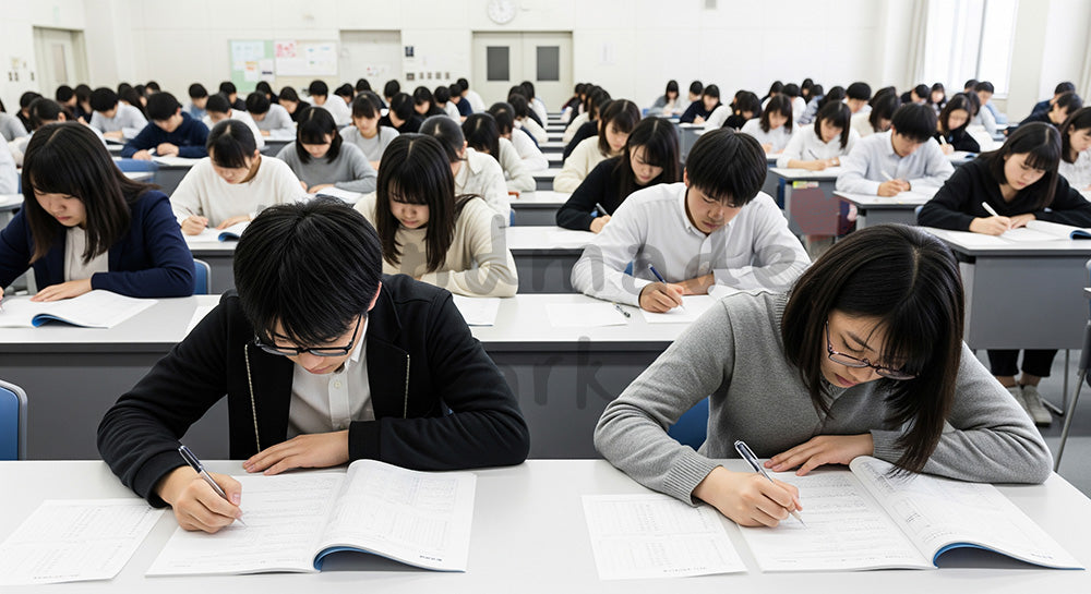 フリー素材 無料 写真｜大きな試験会場で一斉に試験を受ける日本人受験生のテストシーン（表現1）