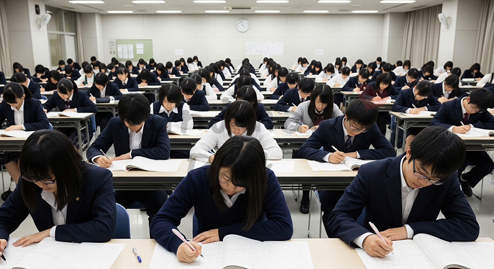 フリー素材 無料 写真｜大きな試験会場で一斉に試験を受ける日本人受験生のテストシーン コピースペースあり