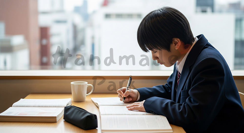 フリー素材 無料 写真｜カフェの窓際で参考書とノートに向かう日本人高校生の自習シーン（表現3）