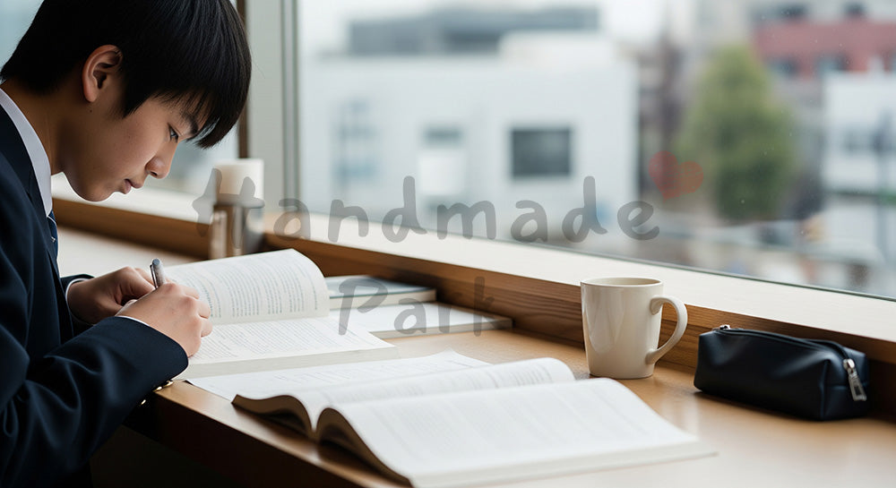 フリー素材 無料 写真｜カフェの窓際で参考書とノートに向かう日本人高校生の自習シーン（表現2）